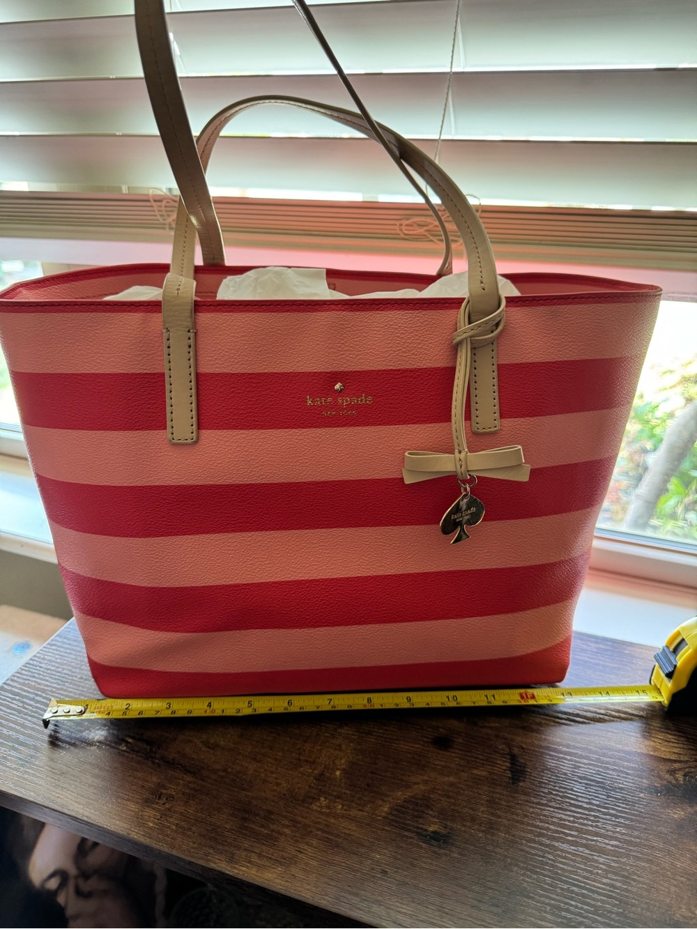 Kate Spade Pink Striped Leather Medium Tote Bag with Bow Charm